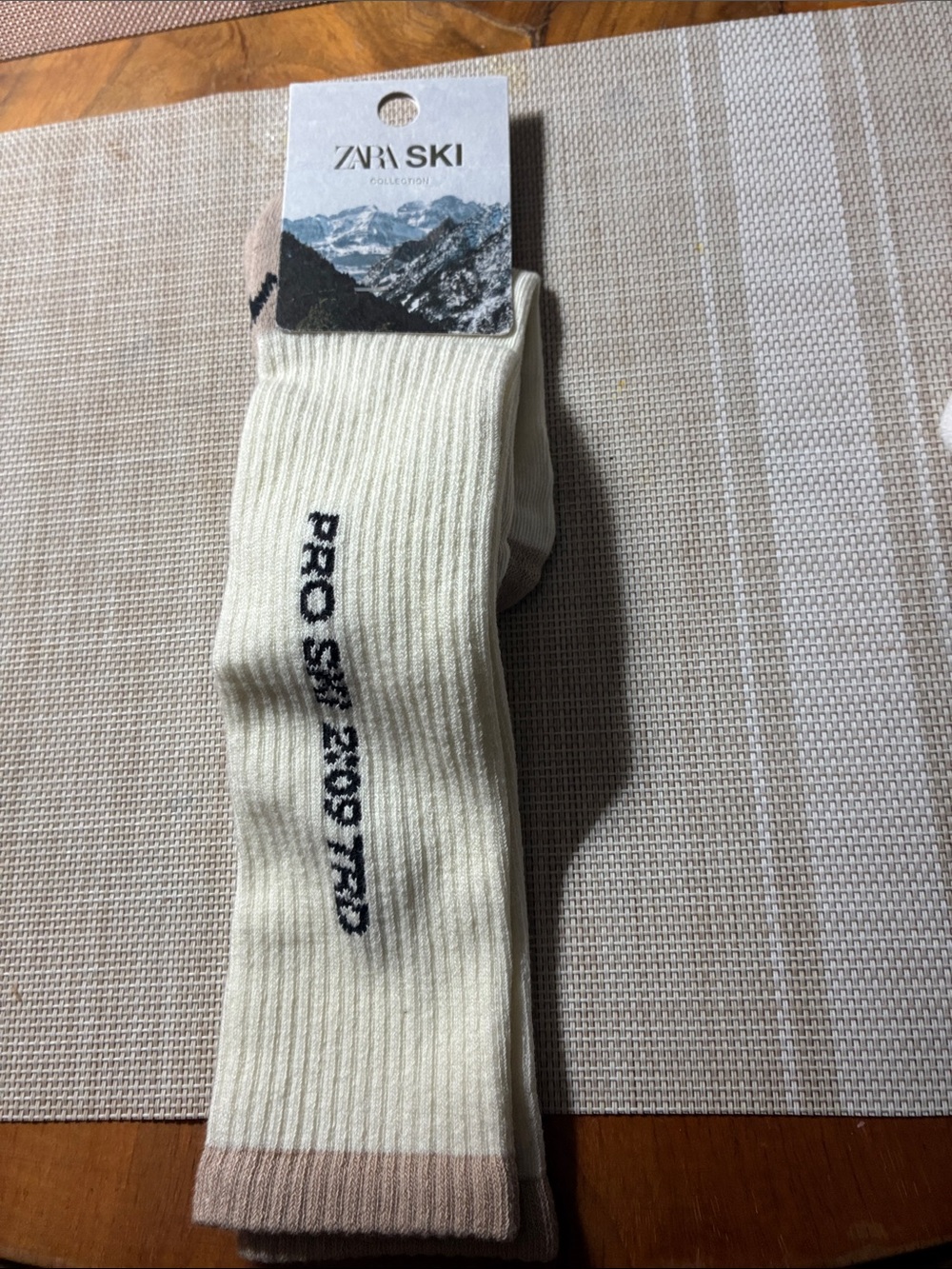 Zara Cream Ribbed Crew Socks with Tan Cuff and Black Script